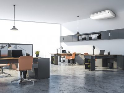 Interior of stylish open space office with white walls, panoramic windows, long and small computer tables and long gray shelves with folders above them. 3d rendering
